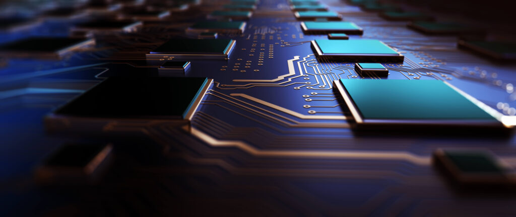 Close-up of a motherboard with chips.
